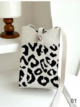 Large Capacity Super Soft Leopard Patterned Knitted Cellphone Bag W Strap