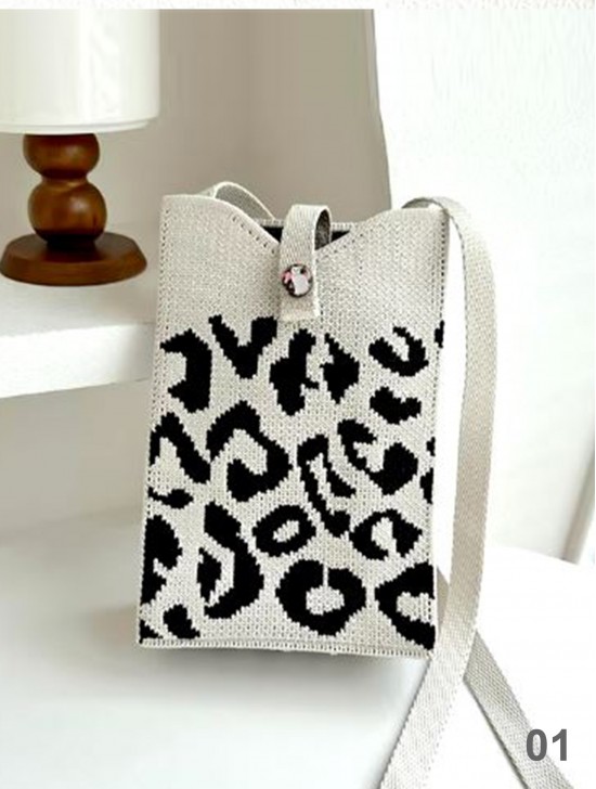 Large Capacity Super Soft Leopard Patterned Knitted Cellphone Bag W Strap