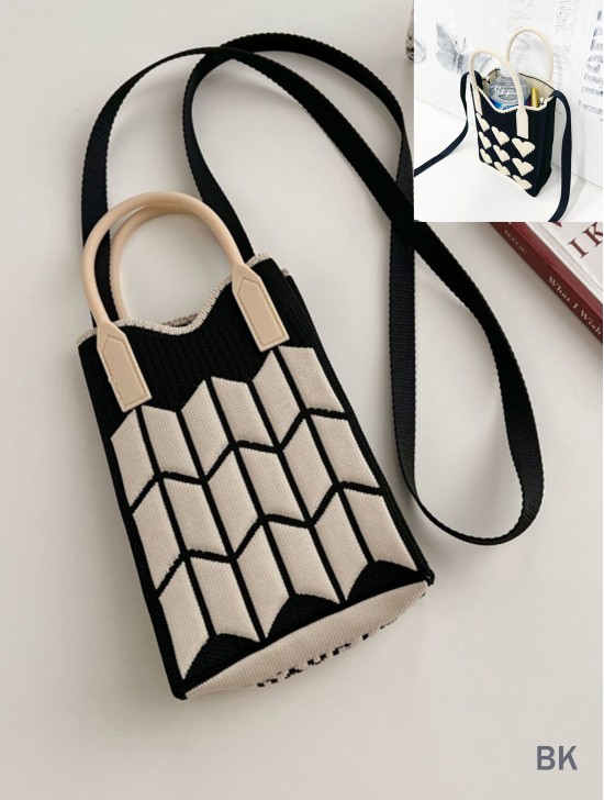 Large Capacity Trendy Rombus Patterned Knitted Soft Cellphone Bag W Strap