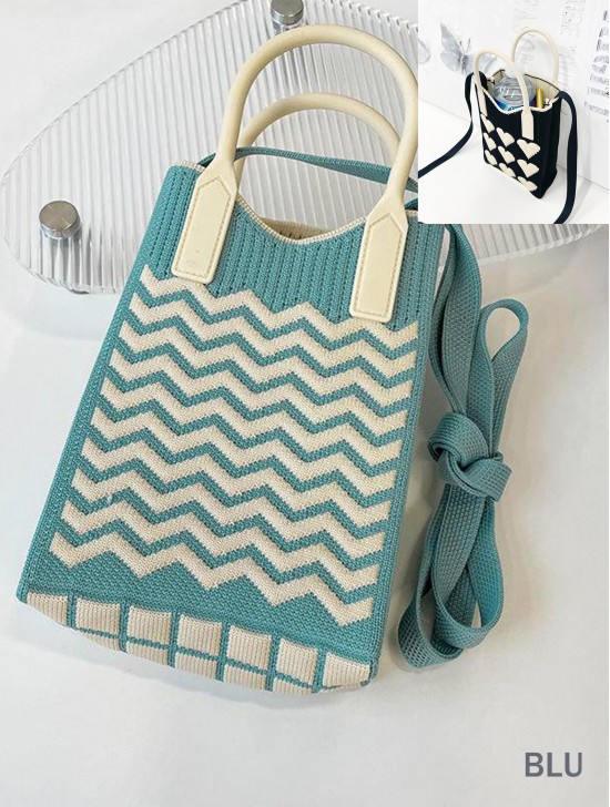 Large Capacity Trendy Wave Patterned Knitted Soft Cellphone Bag W Strap