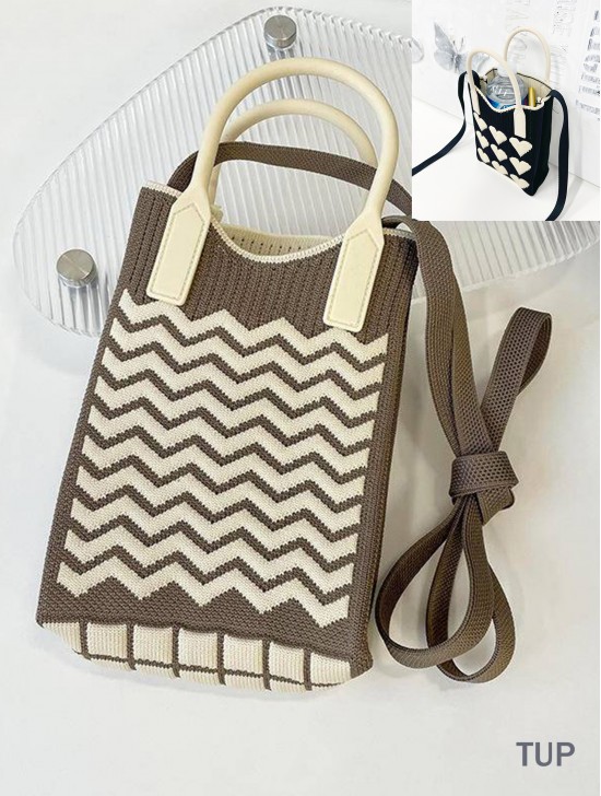 Large Capacity Trendy Wave Patterned Knitted Soft Cellphone Bag W Strap