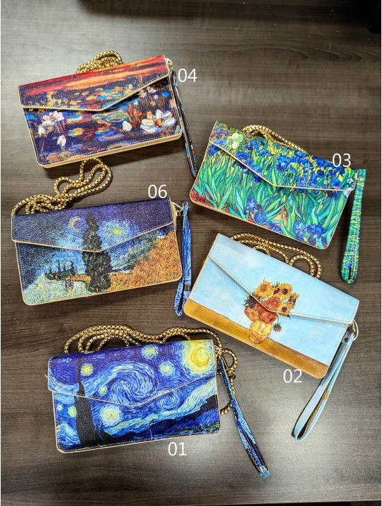 Oil Painting Clutch Wallet Purse W Wristband and Long Strap