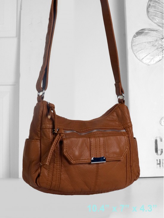 Solid Faux Leather Front Pocket Satchel