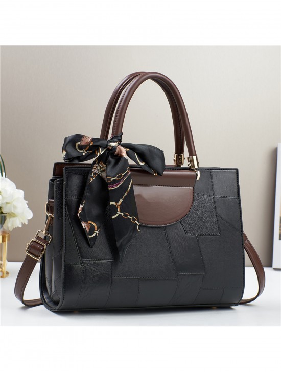 Faux Leather Satchel Bag W/ Lace Ribbon