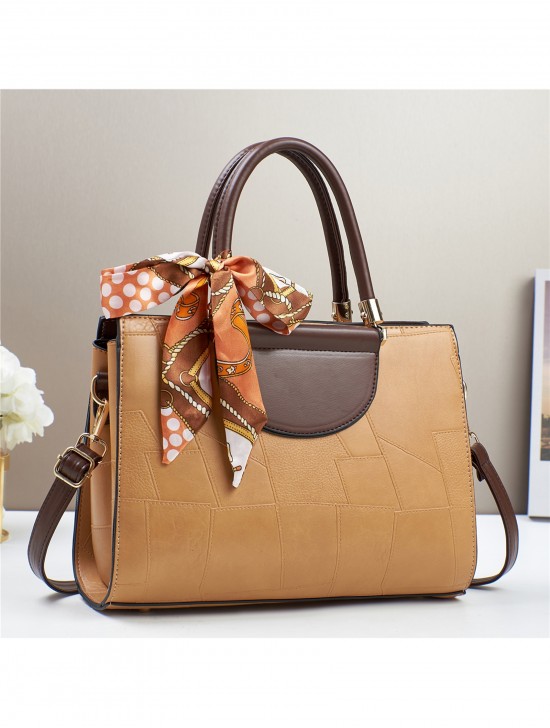 Faux Leather Satchel Bag W/ Lace Ribbon