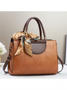 Faux Leather Satchel Bag W/ Lace Ribbon