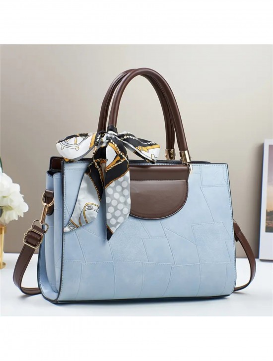 Faux Leather Satchel Bag W/ Lace Ribbon