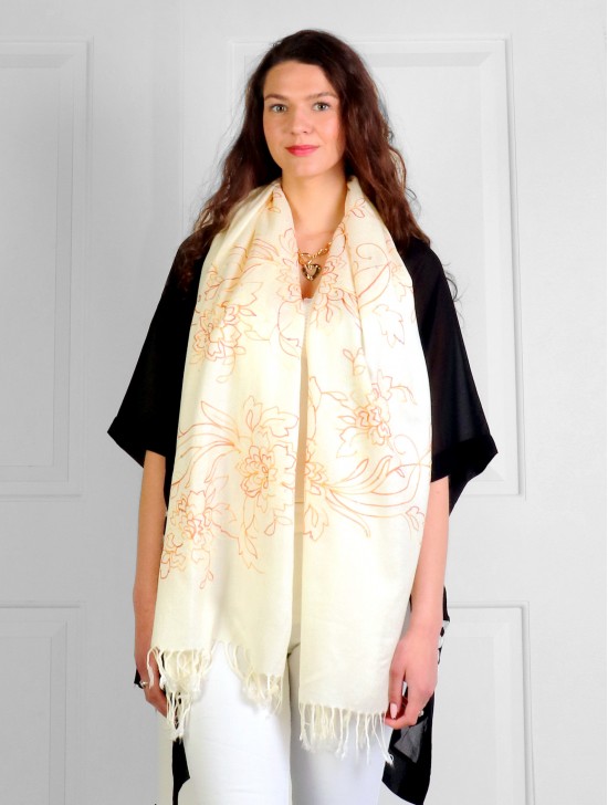 Two-Tone Thread Flower Embroidery Pashmina Scarf W/ Tassels & Sequins