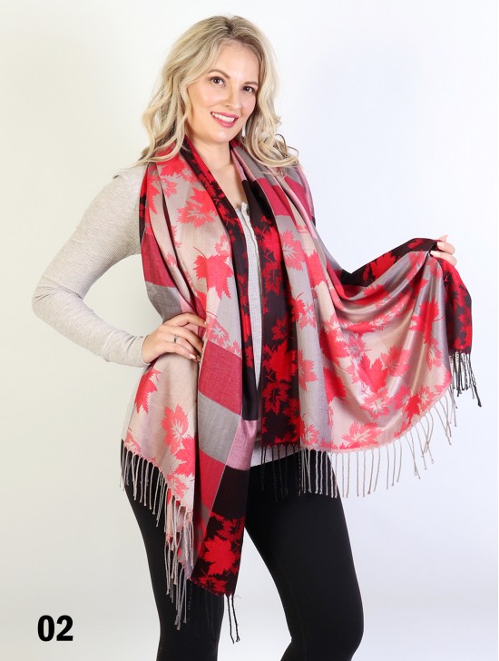 Maple Leaf Print Pashmina W/ Tassels