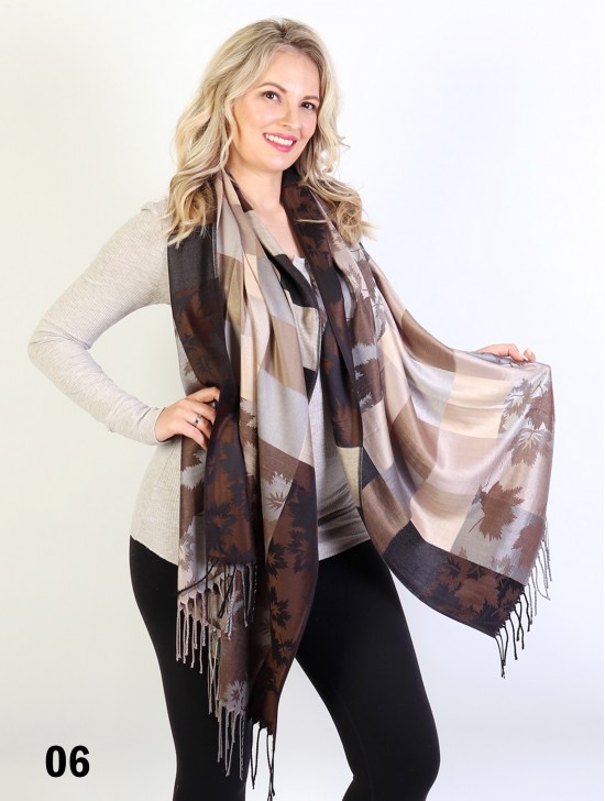 Maple Leaf Print Pashmina W/ Tassels