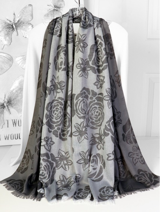 Rose Print Fashion Pashmina W/ Cut Tassels