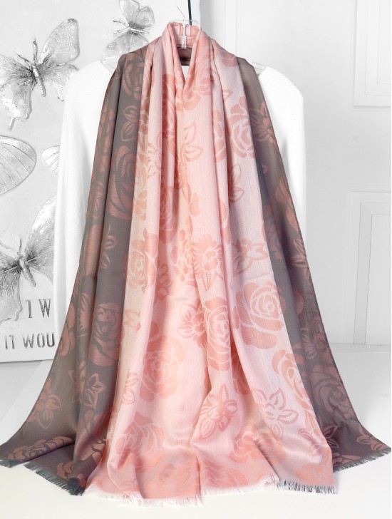 Rose Print Fashion Pashmina W/ Cut Tassels