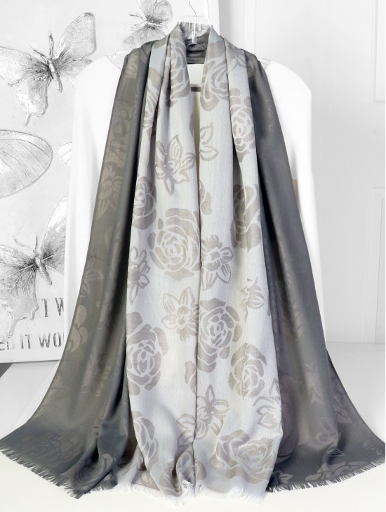 Rose Print Fashion Pashmina W/ Cut Tassels