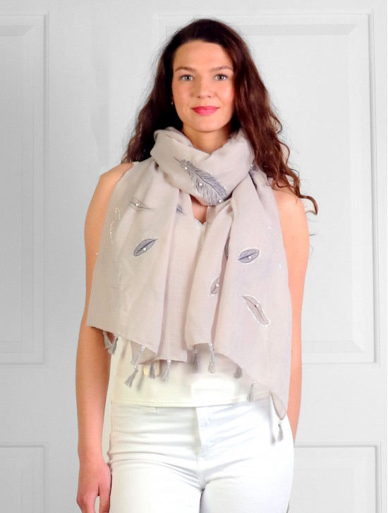 Feather Print Tassels Fashion Scarf W/ Pearl