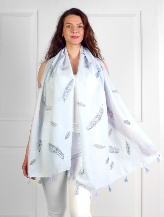 Feather Print Tassels Fashion Scarf W/ Pearl