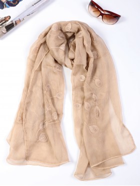 Lightweight Scarf with Embroidered Leaves 