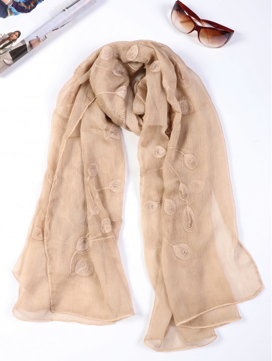 Lightweight Scarf with Embroidered Leaves 