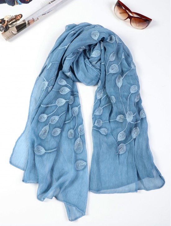 Lightweight Scarf with Embroidered Leaves 