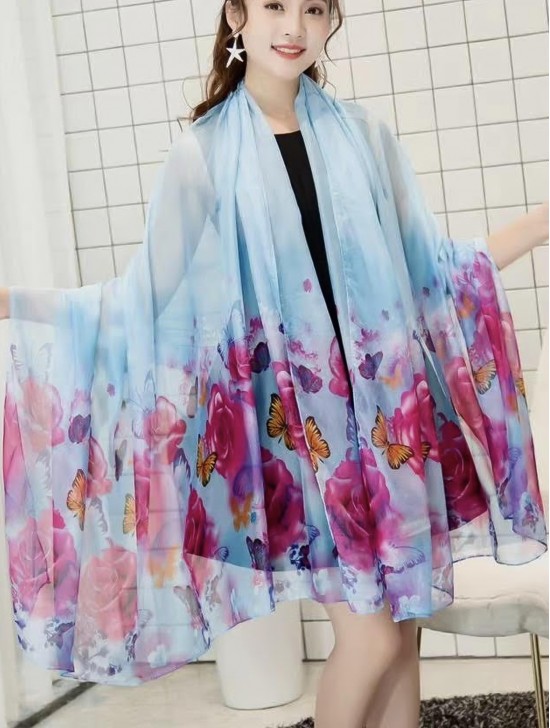 Fashion silk feeling floral and butterfly printed scarf