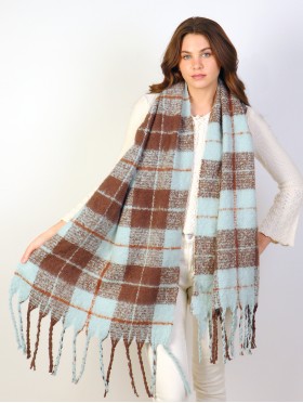 Plaid Patterned Blanket Scarf W/ Twisted Tassels