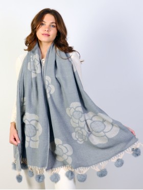 Cashmere Feeling Floral Scarf with Pom-Poms