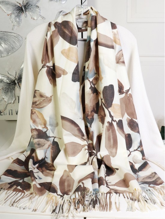 Cashmere Feeling Leaf Print Premium Scarf