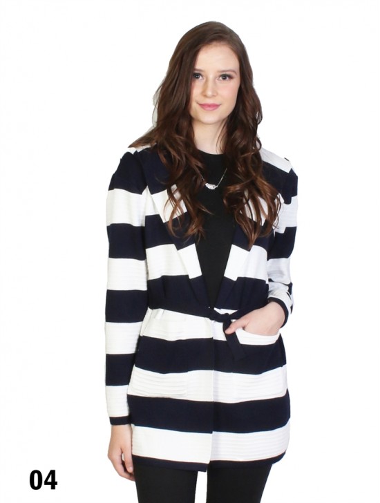 Striped Open-Front Sweater W/ Pockets